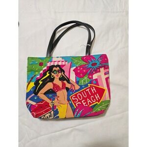 Unique Tropical Beach Tote Bag Miami South Beach Graphic prnt Sequin Accent/0104